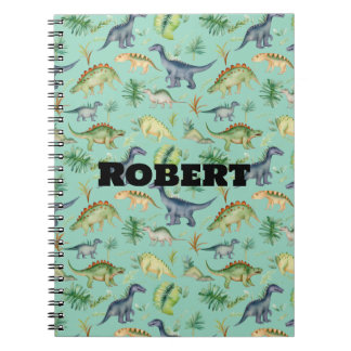 Caderno Espiral Dinossauros Fofos Padrão Verde Aquarela Infantil
