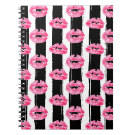 Caderno Espiral Distribuidor de batom Pink Lips Kiss Black Striped