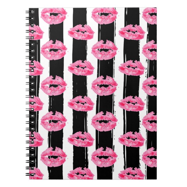 Caderno Espiral Distribuidor de batom Pink Lips Kiss Black Striped (Frente)