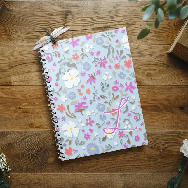 Caderno Espiral Ditsy Pop Floral Art Sky Blue Initial (Criador carregado)