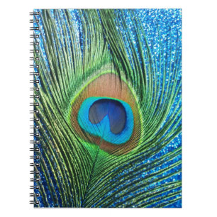 Caderno Espiral Do pavão da pena vida azul Glittery ainda