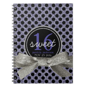 Caderno Espiral Doce bonito 16 de Polkadot roxo e preto