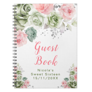 Caderno Espiral Doce Dezesseis Florais Verde Salvia e Rosa