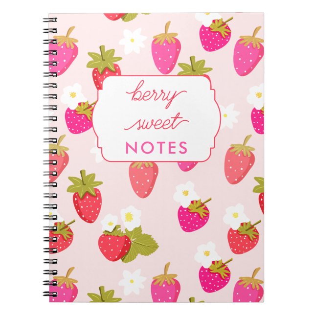 Caderno Espiral Doce Morango Floral Rosa Personalizado (Frente)