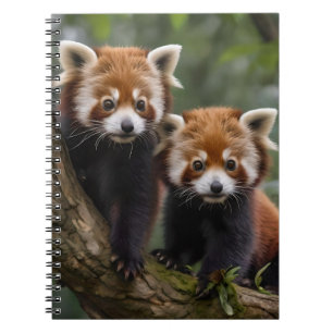 Caderno Espiral Dois Bebês De Panda Vermelha Numa Árvore.