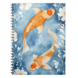 Caderno Espiral Dois carpas koi nadando entre flores.