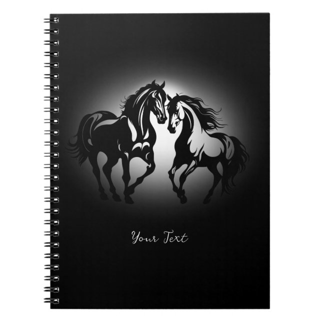Caderno Espiral Dois cavalos apaixonados por casal de amante negro (Frente)