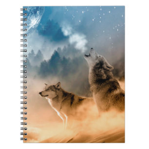 Caderno Espiral Dois lobos uivam na lua de cheio na floresta