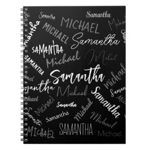 Caderno Espiral Dois nomes casal padrão monograma cinza preta bran
