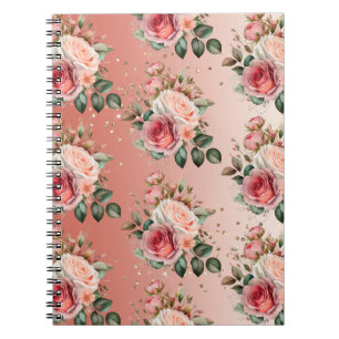 Caderno Espiral Dourada Confetti Rosa Rosas Rosa Floral