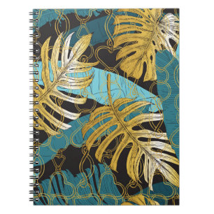 Caderno Espiral Dourada cortina, folhas tropicais.