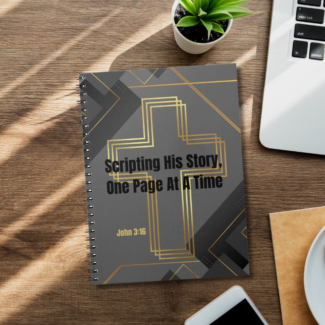 Caderno Espiral Dourada Cruz com Design moderno de Cinza - John 3: (Criador carregado)