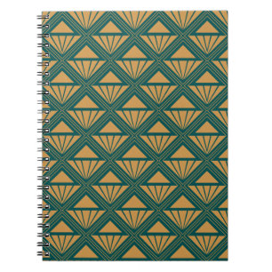 Caderno Espiral Dourada e verde Art Deco design com rombos