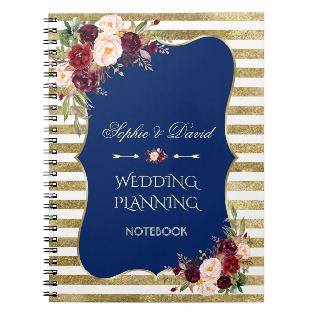 Caderno Espiral Dourada Glitter Stripes Blush Floral Planner (Frente)