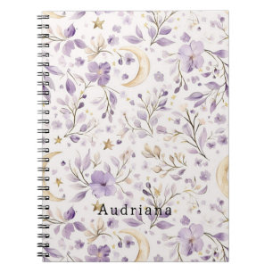 Caderno Espiral Douradas estrelas luas flores roxas