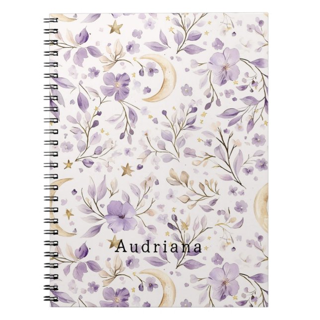 Caderno Espiral Douradas estrelas luas flores roxas (Frente)