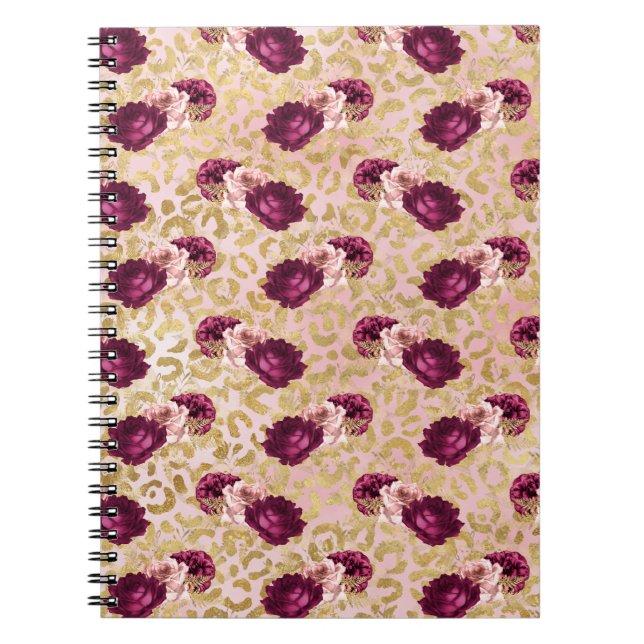 Caderno Espiral Douradas rosas cor-de-rosa impressas com leopardo (Frente)