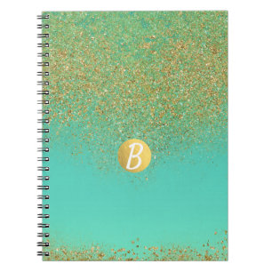 Caderno Espiral Dourado Brilho & Água Teal Glam Glamour Monograma