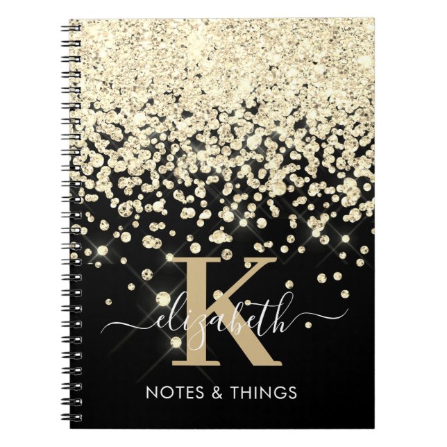 Caderno Espiral Dourado Chic com Brilho Monogramado com Diamantes (Frente)