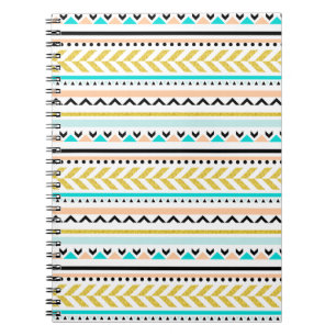 Caderno Espiral Dourado, Coral, Branco, Aqua, Padrão Aztec Preto