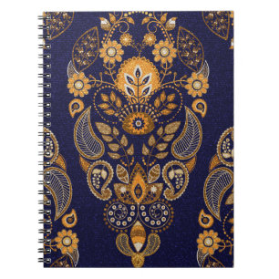 Caderno Espiral Dourado e azul, padrão floral sem costura.