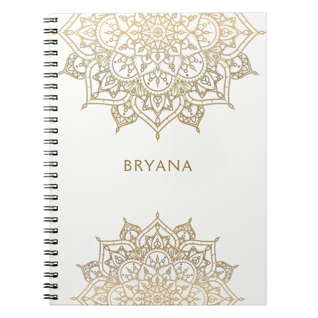 Caderno Espiral Dourado Glam Moderno do Glamor Chic Branco Mandala (Frente)