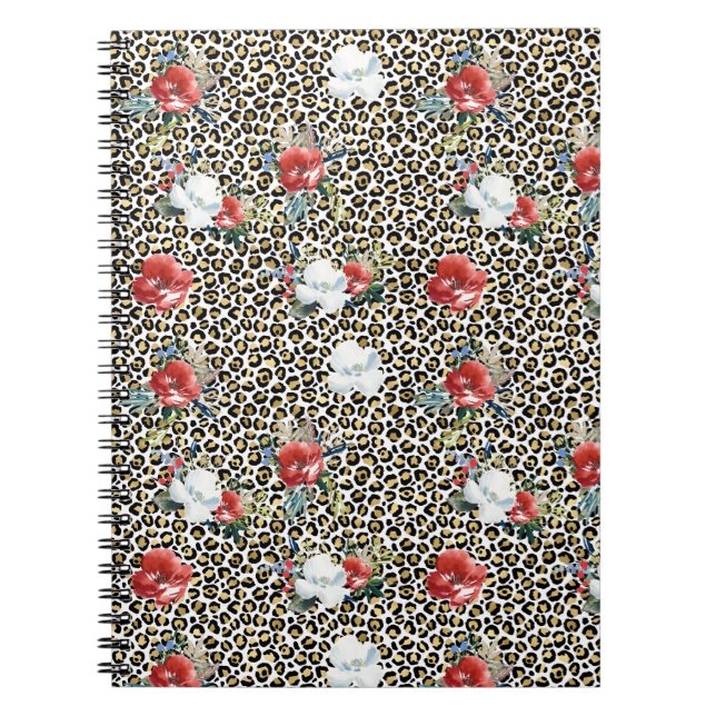 Caderno Espiral Dourado Leopardo Impresso Vermelho Floral Branco (Frente)