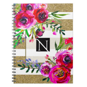 Caderno Espiral Dourado Listras Brancas Negrito Glam Floral Botâni