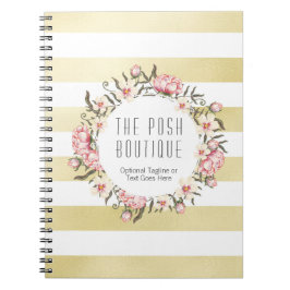 Caderno Espiral Dourado moderno Stripes e Rosas Florais Cor-de-Ros