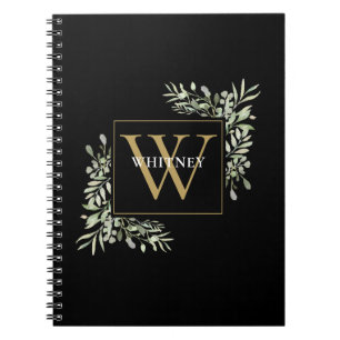 Caderno Espiral Dourado Monograma Elegante Eucalyptus Verde Preto