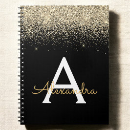 Caderno Espiral Dourado Monograma Preto Brilhante Moderno
