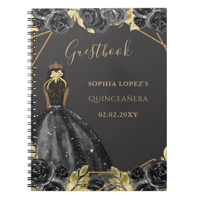 Caderno Espiral Dourado negro Princesa Floral Quinceanera Livro Co (Frente)