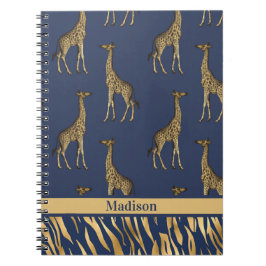 Caderno Espiral Dourado nome azul Giraffe Tiger Eleger Chic Na mod