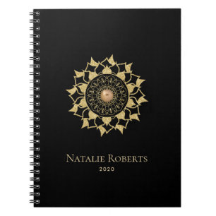 Caderno Espiral Dourado Preto Elegante de Flor Mandala