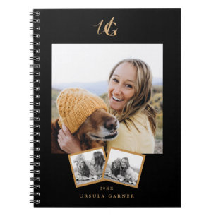 Caderno Espiral Dourado preto moderno monograma