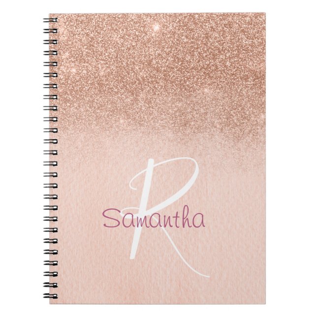 Caderno Espiral Dourado Rosa com Degradê de Brilho Monogramado (Frente)