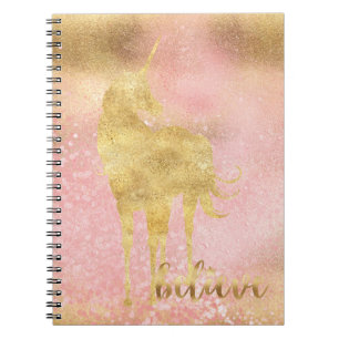 Caderno Espiral Dourado Unicórnio Mágico Cor-de-Rosa