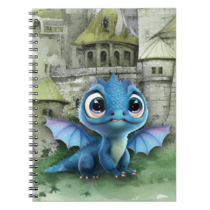 Caderno Espiral Dragão Azul Bebê E Castelo Medieval Fantasia
