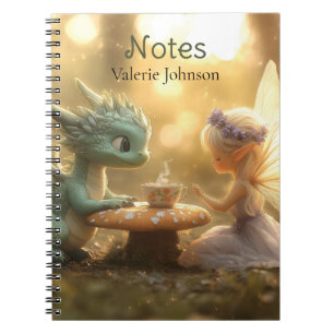 Caderno Espiral Dragão-Bebê-Cute e Fada Apreciando Chá