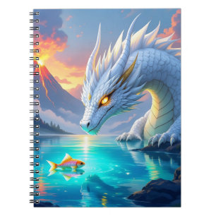 Caderno Espiral Dragão branco surreal e peixe Dourado