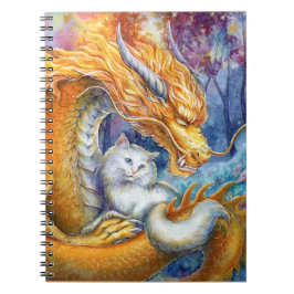 Caderno Espiral Dragão Chinês Ardente & Gato Branco na Floresta Má