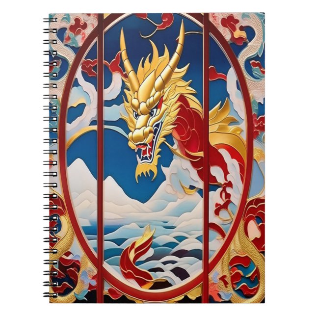 Caderno Espiral Dragão Dourado E Vermelho para respiração de incên (Frente)