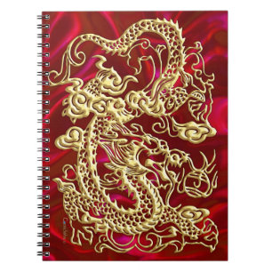 Caderno Espiral Dragão Dourado Embutido em Impressão de Cetim Verm