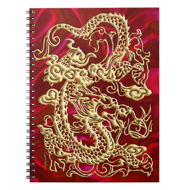 Caderno Espiral Dragão Dourado embutido no Red Satin Impressão (Frente)