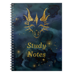 Caderno Espiral Dragão Glitter Dourado Chic Cabeça e Universo Azul