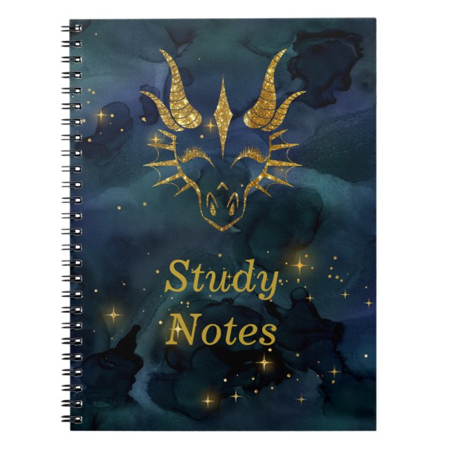 Caderno Espiral Dragão Glitter Dourado Chic Cabeça e Universo Azul (Frente)