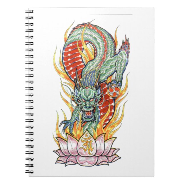 Caderno Espiral Dragão japonês e Flor de Lotus (Frente)