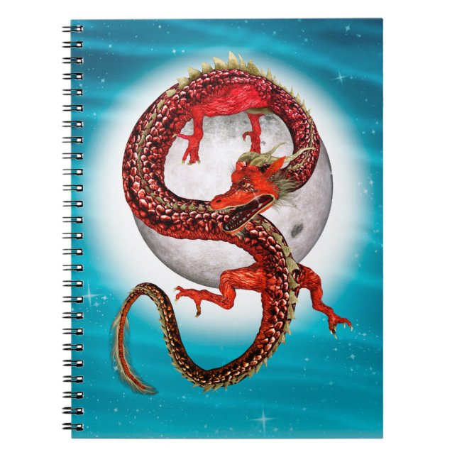 Caderno Espiral Dragão Lua Vermelha Arte de Fantasia Celestial (Frente)