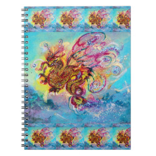 Caderno Espiral DRAGÃO MARÍTIMO ENTRE ONDAS Fantasia Rosa Azul