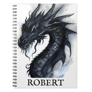 Caderno Espiral Dragão Nidhogg Preto de Aquarela com Nome